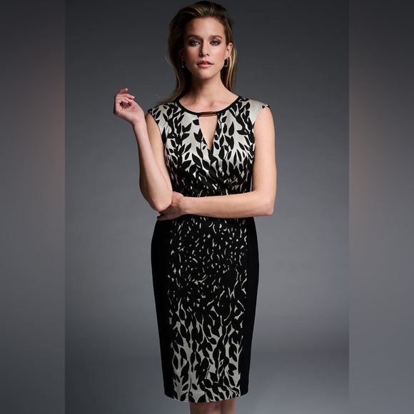 Joseph Ribkoff Signature Keyhole Neck Sheath Dress Style 223725 Gold Black - Picture 3 of 13